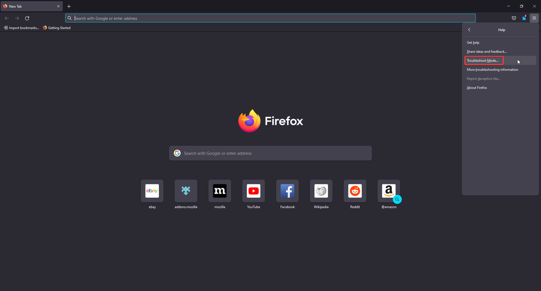 Firefoxi tõrkeotsingu režiim.