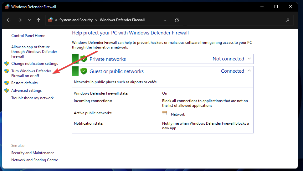 Įjunkite arba išjunkite „Windows Defender“ užkardą, „Windows 11“ mobilusis viešosios interneto prieigos taškas neveikia