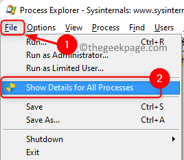 Process Explorer File Pokaż szczegóły dla wszystkich procesów Min