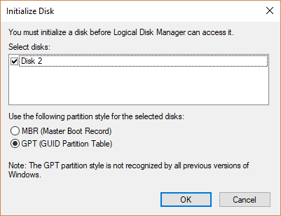 initialize-disk 2 Vælg partitionsstil 