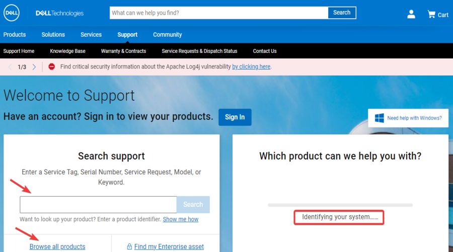 Proces automatické detekce na webu podpory společnosti Dell