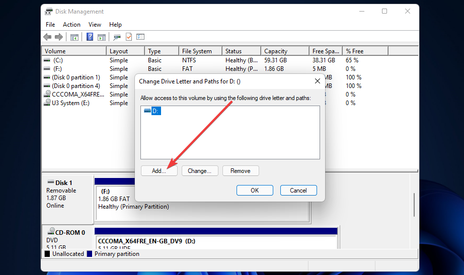 Окно «Изменить букву диска и пути» Windows 11 не распознает USB