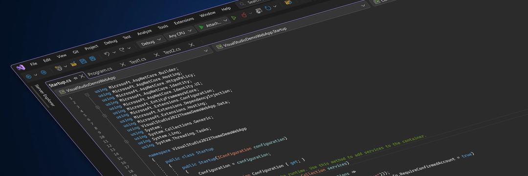 Tyylitelty kuvakaappaus, jossa näkyy uusi Visual Studion käyttöliittymä pimeässä teemassa