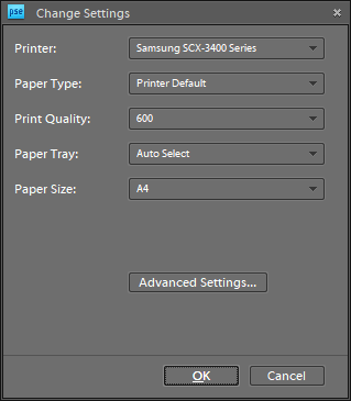 Nastavitve tiskalnika Adobe Photoshop ni mogel tiskati zaradi programske napake