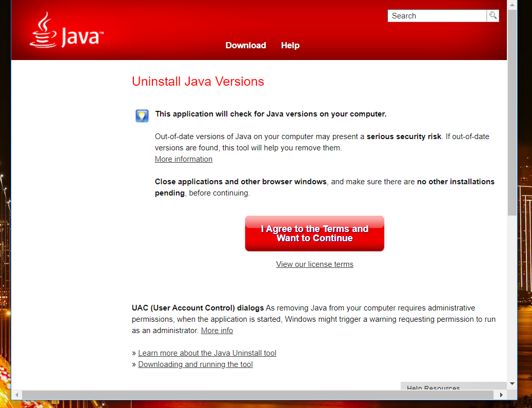 หน้าเวอร์ชันถอนการติดตั้ง Java ที่เบราว์เซอร์ของคุณไม่สนับสนุน java