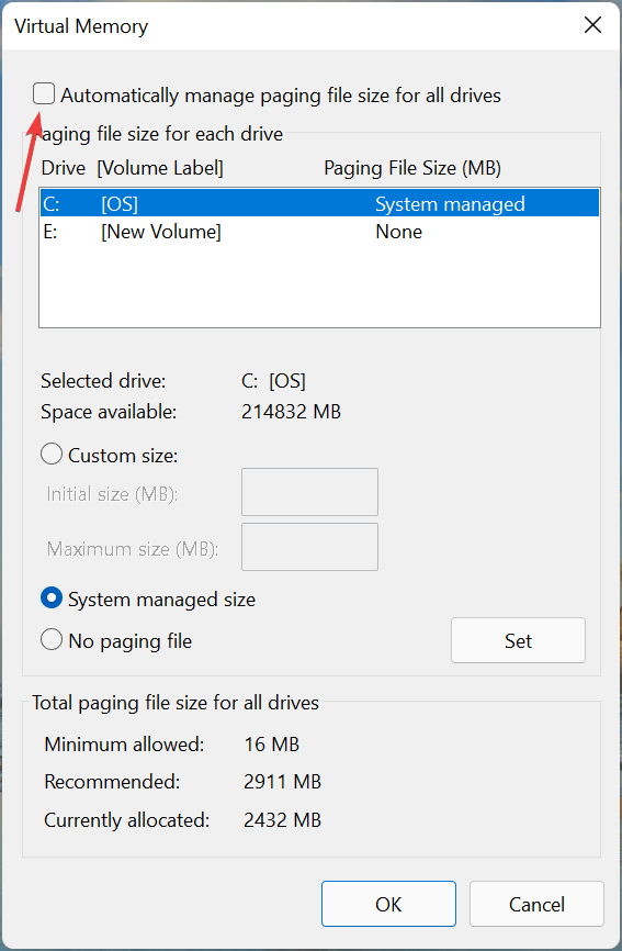 Desmarque a caixa de seleção para aumentar a memória virtual no Windows 11