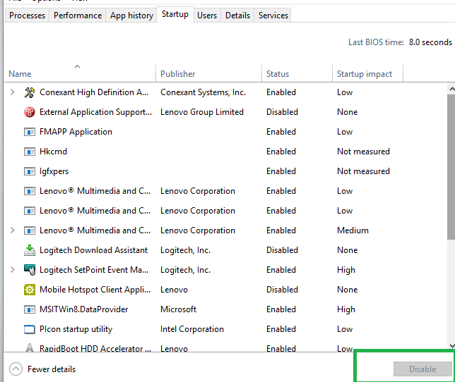 atspējot startēšanas priekšmetu logus 10