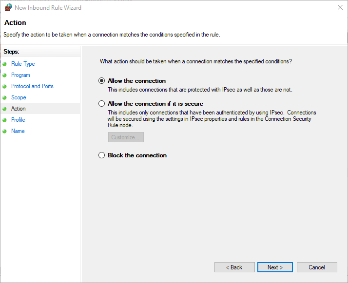 Luba ühenduse suvand Windowsi tulemüür lubada ip vahemikku