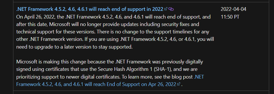 Microsoft .NET Framework 4.5.2, 4.6 ve 4.6.1 sürümlerine veda etme zamanı