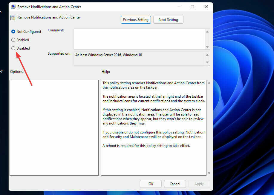 Letiltott rádiógomb Windows 11 műveleti központ nem nyílik meg