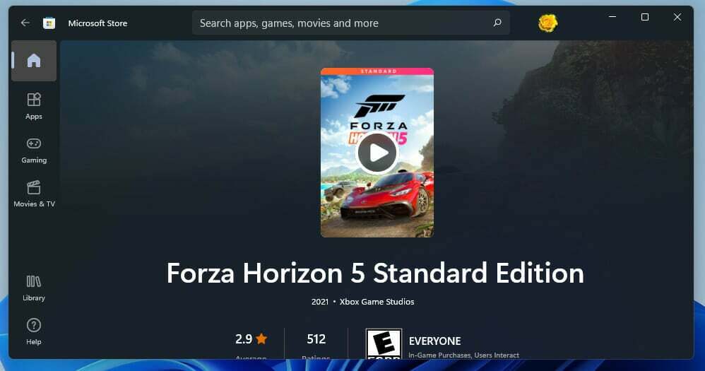 Forza Horizon 5 MS Store puslapis forza horizon 5 windows 11 stringa