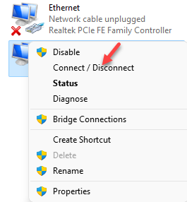 नेटवर्क कनेक्शन वीपीएन राइट क्लिक कनेक्ट या डिस्कनेक्ट