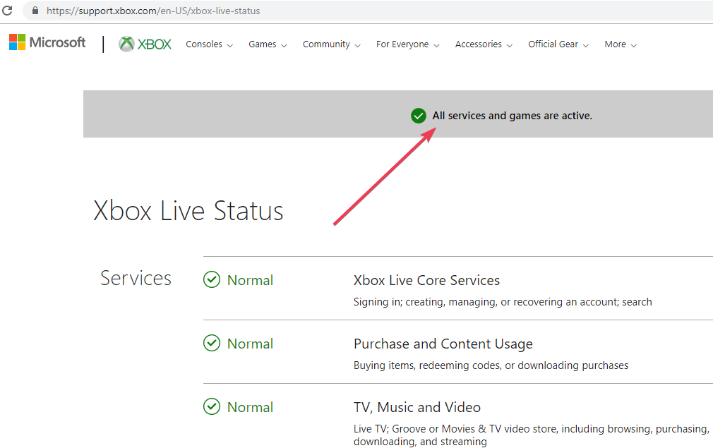 xbox-palvelimen tilatiedot Xbox One -päivityksen virhekoodi 0x8b0500b6
