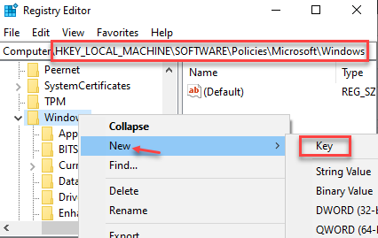 Editor de registro Navegar até o caminho Clique com o botão direito do mouse em Nova chave do Windows