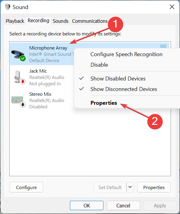 Lastnosti mikrofona za odpravo nedelovanja mikrofona Discord Windows 11