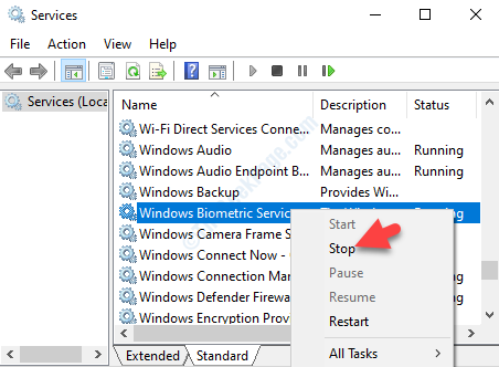 Біометрична служба Windows Клацніть правою кнопкою миші Стоп