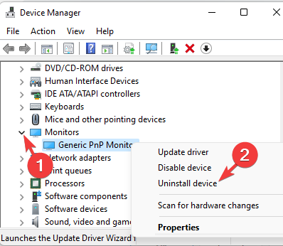 desni klik na Generic PnP monitor in izberite Uninstall device