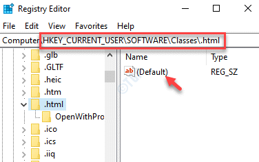 Editor de registro Navegar até .html Key Default Double Click
