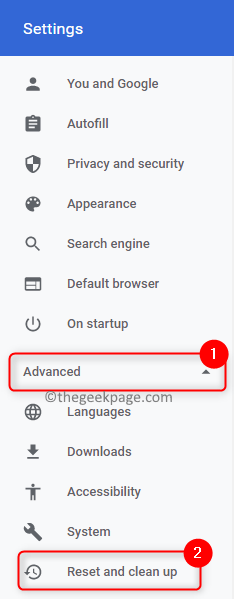 Chrome-innstillinger Avansert tilbakestillingsopprydding Min