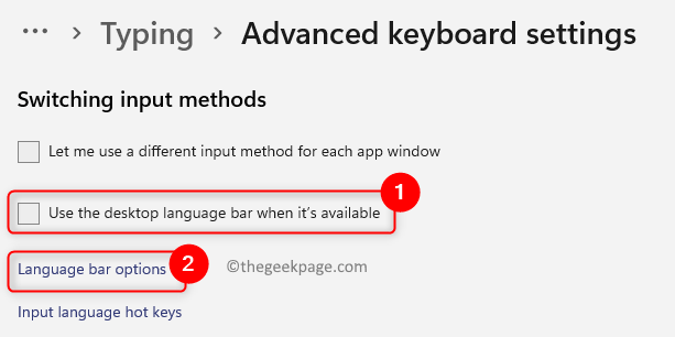 Setări avansate de tastatură Debifați Utilizați opțiunile barei de limbă de pe desktop Min