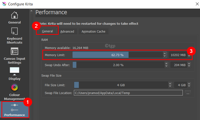 Konfigurēt Krita Performance RAM atmiņas ierobežojumu Min