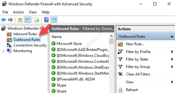 Firewall de Windows Defender con reglas de salida del lado izquierdo de seguridad avanzada