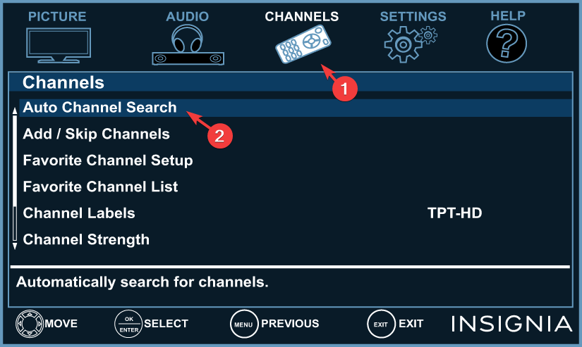 Markieren Sie die automatische Kanalsuche – Probleme mit dem Sendersuchlauf von Insignia TV
