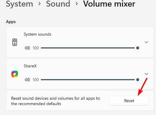 모든 앱의 사운드 장치 및 볼륨을 권장 기본값으로 재설정