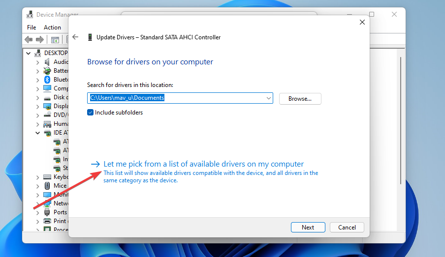 Permiteți-mi să aleg dintr-o listă de drivere disponibile opțiunea dpc watchdog încălcare Windows 11