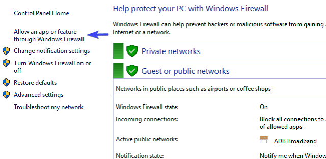 อนุญาตแอพหรือคุณสมบัติผ่าน Windows Firewall
