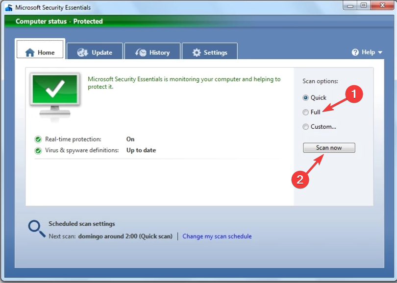 Zaženi popolno skeniranje - v sistemu Windows 7 manjka DLL
