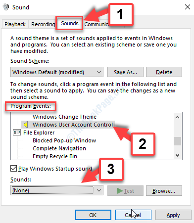 Fila Sunete Fereastra Sunete Program Evenimente Control cont utilizator Windows Sunete Niciuna Aplicare Ok