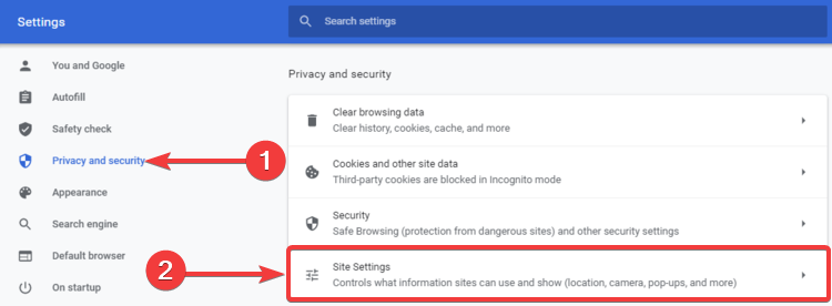 Chrome mostra privacidade e segurança, configurações do site