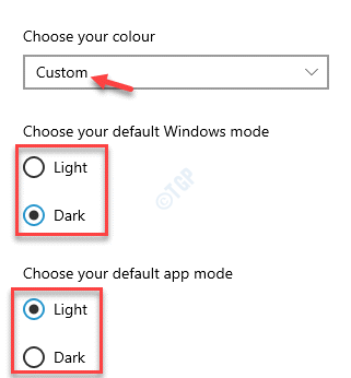 Escolha a cor personalizada Escolha o modo padrão do Windows Escolha o modo do aplicativo padrão Claro ou escuro