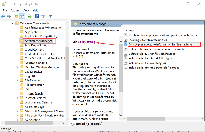Įjunkite „Neišsaugoti zonos informacijos failų prieduose“, jei kompiuteris užblokavo prieigą prie šio failo