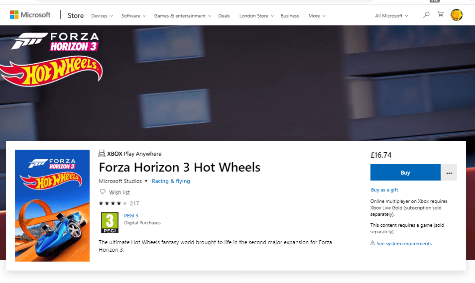 Chyba obchodu Microsoft Store Forza Horizon 3 Hot Wheels 0x80073d12