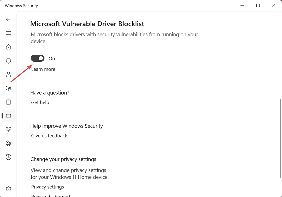omogoči Microsoftov seznam blokiranih ranljivih gonilnikov