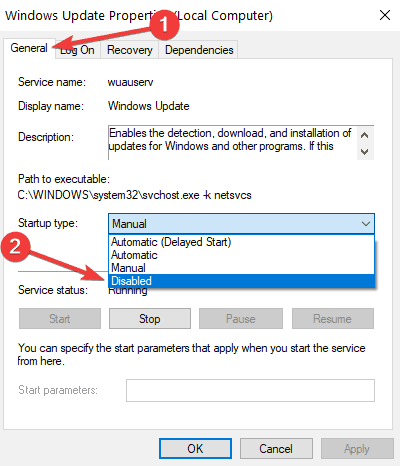 wyłącz usługę aktualizacji systemu Windows
