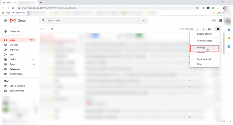 Раскрывающееся меню настроек Gmail