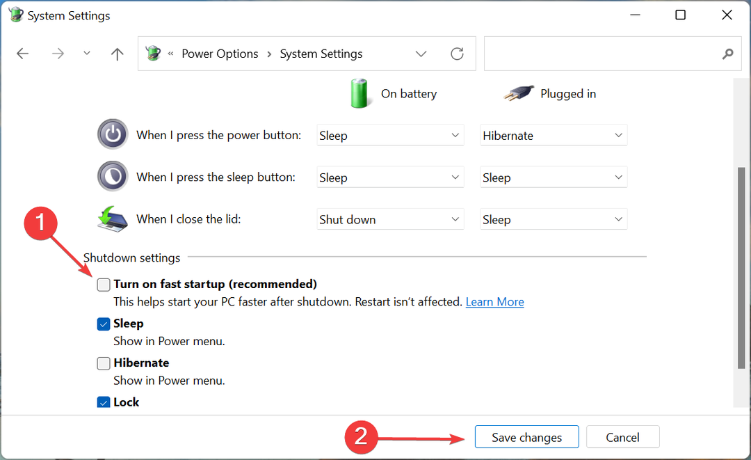 Windows 11 veakoodi 43 parandamiseks tühjendage ruut Lülita sisse kiire käivitamine