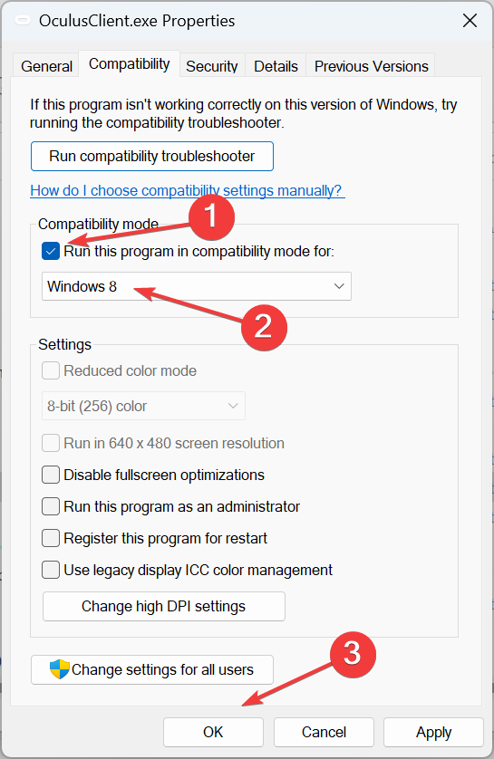 povolit kompatibilitu a opravit chybu Oculus Runtime Service