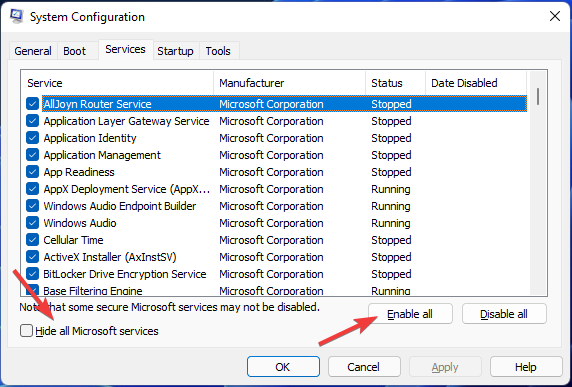 Možnost Skrýt všechny služby Microsoft Services ID události 41 windows 11