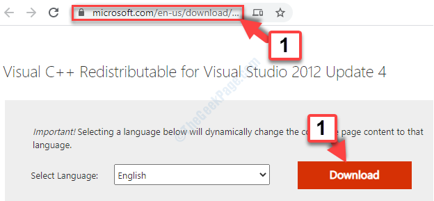 Povezava brskalnika za kopiranje in lepljenje Vnesite Visual C ++ Redistributable Download
