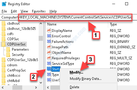 Editor de registry Navigați la Cdpusersvc Partea dreaptă Start Faceți clic dreapta Modificați