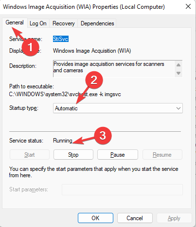 vérifiez si Windows Image Acquisition (WIA) est en cours d'exécution - le scanner canon mx310 ne fonctionne pas