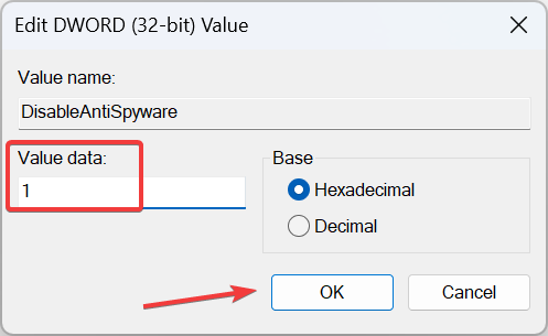 zmień dane wartości, aby tymczasowo wyłączyć program Windows Defender