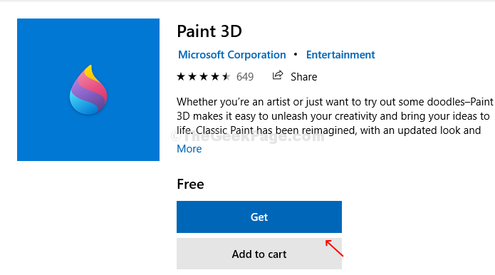 Vyhledávací pole Microsoft Store Paint 3d Get