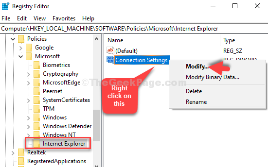 Редактор реестра Перейти к параметрам подключения Internet Explorer Щелкните правой кнопкой мыши «Изменить»
