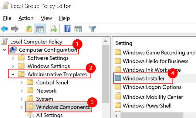 Editor voor lokaal groepsbeleid Windows Installer Min
