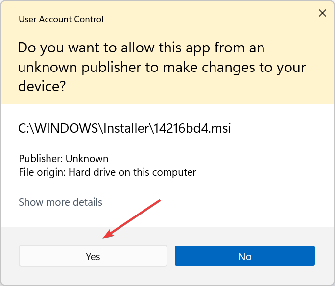 Windows 11 tõrke 0xc00007b parandamiseks klõpsake nuppu Jah